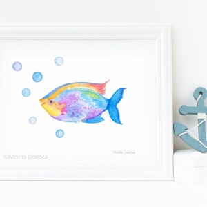 Impresión de arte de peces. Arte de vivero de peces acuarelas. Arte mural de peces tropicales. Bajo la decoración de la guardería del mar. Arte de la habitación de los niños niños. Arte lindo caprichoso