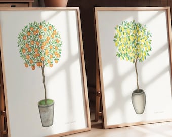 Citrus Tree Watercolor Art Prints, Set of 2, Botanical Kitchen Decor