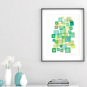 Square bubbles art print. Geometric abstract watercolor painting. Green bubbles modern art. Kids wall art decor. Green squares bubble art.