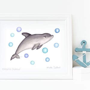 Impresión artística de delfines. Bajo el vivero marino. Pintura de acuarela de delfines. Decoración artística de vivero oceánico náutico. Decoración de arte de pared de la habitación de los niños.