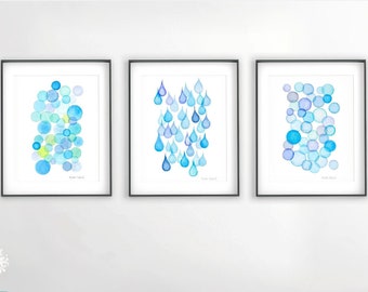 Watercolor blue bubbles painting set. Abstract wall art. Geometric wall decor.