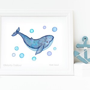 Impresión artística de ballenas. Arte de vivero marino. Bajo la decoración de la guardería del mar. Vivero náutico oceánico. Pintura de acuarela de ballena Niños habitación de niños arte mural