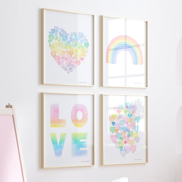 Pastel rainbow nursery wall art print set of four. Girls room decor. Gift for girl. Baby ombre gallery art. Love Heart watercolor painting.