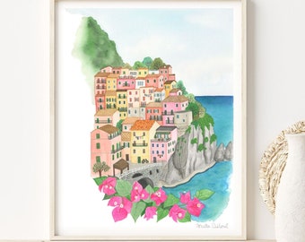 Cinque Terre Aquarell Kunstdruck, Italienische Riviera als Kunstdruck
