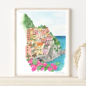 Cinque Terre art print. Italy watercolor painting wall decor. Travel illustration poster. Europe Italian Riviera mediterranean coast gift.