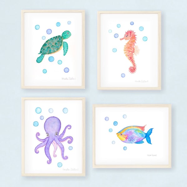 Under the sea nursery art. Ocean art set. Seahorse, sea turtle, fish, octopus wall art decor. Watercolor painting children's art print set.