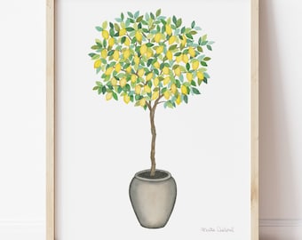 Lemon Tree Watercolor Print, Rustic Italian Kitchen Wall Art