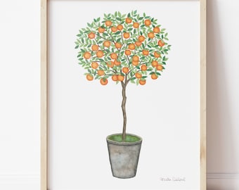 Orange Tree Watercolor Art Print, Rustic Kitchen Decor