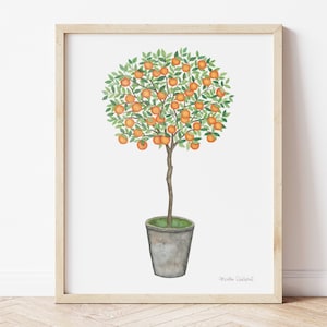 Orange tree watercolor art print. Orange fruit painting. Kitchen decor. Rustic botanical wall art. Citrus Mediterranean gift. Spain travel.