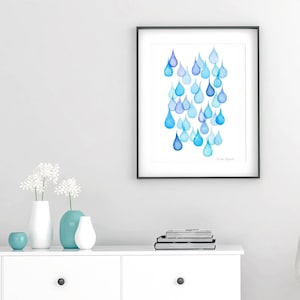 Raindrops art print, bathroom wall art, modern watercolor painting, raindrop bubbles art, kids room nursery art decor, abstract rain drops.