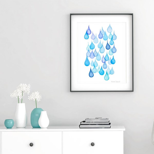 Raindrops art print, bathroom wall art, modern watercolor painting, raindrop bubbles art, kids room nursery art decor, abstract rain drops.