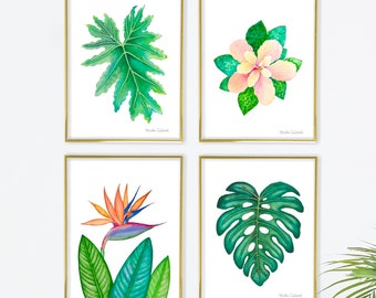 Tropical art print set. Tropical watercolor paintings. Botanical decor. Monstera leaf illustration. Hibiscus flower art. Bird of paradise.