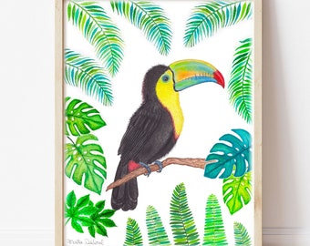 Toucan painting art print, tropical bird wall art decor, Toucan watercolor painting, bird tropical wall art, watercolor bird illustration.