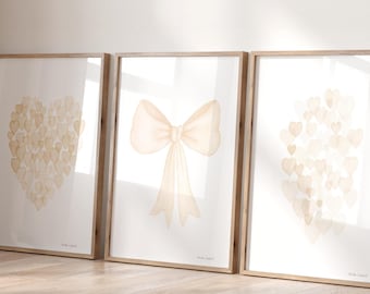 Cream Bow & Hearts Watercolor Print Set, Vintage Coquette Nursery Art