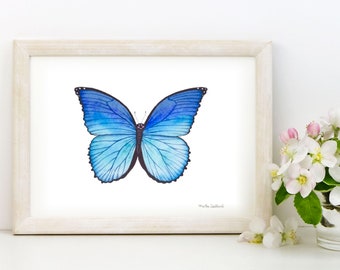 Butterfly art print. Nursery art. Girls room decor. Blue Butterfly watercolor painting. Butterfly garden nursery. Butterfly illustration.