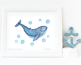 Whale art print. Sea nursery art. Under the sea nursery decor. Ocean nautical nursery. Whale watercolor painting Children kids room wall art