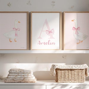 Pink bow goose, gingham nursery set of 3 art prints. Pale blue, lavender coquette girl room decor. Baby green wall art. Personalized gift.