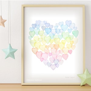 Pastel rainbow heart art print. Rainbow nursery decor. Nursery ombre wall art. Girls room rainbow decor. Heart watercolor painting.