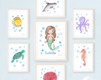 Fish nursery art print. Under the sea nursery wall art. Ocean nursery decor. Mermaid wall art. Personalized mermaid decor. Girl room decor.