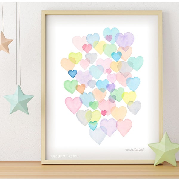Watercolor hearts painting. Bubble hearts art print. Abstract rainbow pastel hearts. Bubbles modern art. Girls room nursery decor wall art.