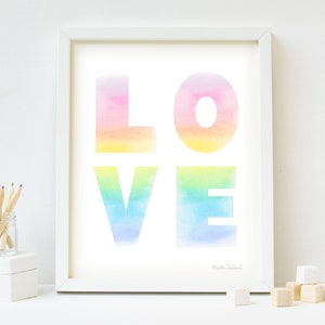 Pastel rainbow love art print. Rainbow nursery decor. Nursery ombre wall art. Love art. Girls room decor. Heart watercolor painting.