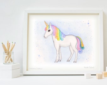Unicorn art print. Girls room art. Girl nursery art decor. Gift for girl. Unicorn watercolor painting. Unicorn nursery art. Rainbow unicorn.