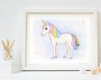 Kunstdruck Regenbogen Einhorn: Aquarell Kinderzimmer Bild
