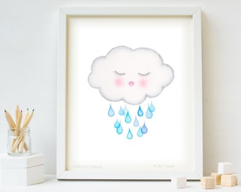 Nursery rain cloud. Pastel baby room decor. Cloud art print. Nursery wall art. Rain cloud watercolor painting. Kids room art print.