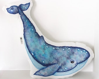 Whale pillow. Organic cotton Under the Sea, nautical, ocean nursery decor. Blue Whale soft toy. Stuffed animal. Kids room decor. Baby gift.