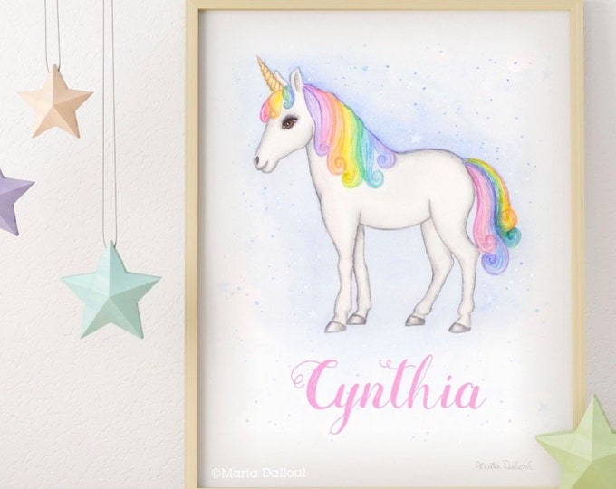 Personalized unicorn art print. Custom girl name art. Rainbow unicorn nursery wall art decor. Gift for girl. Unicorn watercolor painting.