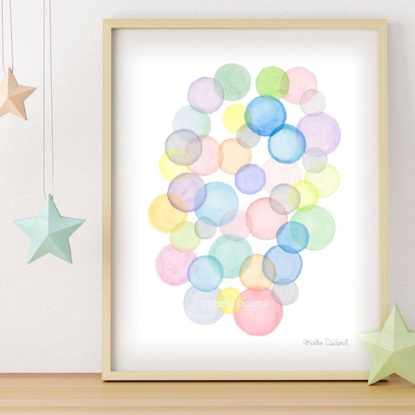 Rainbow pastel bubbles nursery art print. Pastel room decor. Girl room wall art. Watercolor bubbles painting. Modern geometric abstract art.