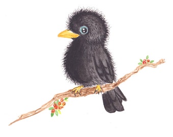 Bird Raven art  print. Baby Raven bird watercolor painting. Cute black bird print. Baby crow bird art print. Bird illustration. Nursery art.