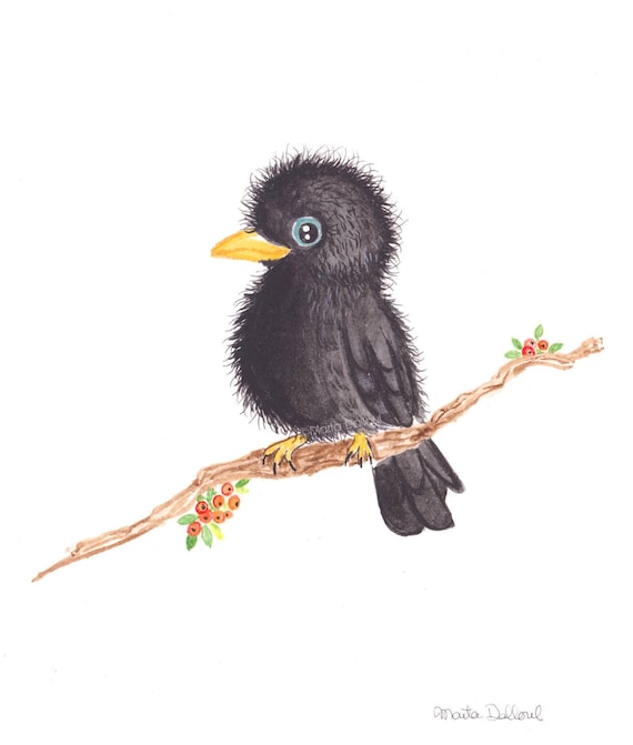 Bird Raven Art Print Baby Raven Bird Watercolor Painting Etsy