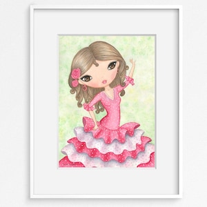 Flamenco Dancer Art print. Spanish girl whimsical painting. Spain flamenco doll watercolor art. Pink dress illustration. Flamenco lover gift