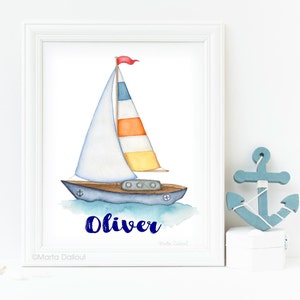 Zeilboot aquarelprint, gepersonaliseerde nautische kinderkamerkunst