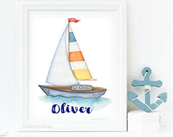 Sailboat art print. Boat watercolor nursery decor. Boy nursery wall art. Ocean nursery decor. Personalized print. Nautical nursery art.