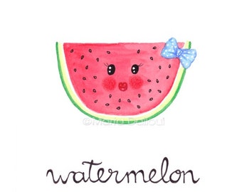 Watermelon fruit art print. Fruit nursery girls kids room art decor. Fruit watercolor painting Cute illustration Kitchen fruit food wall art