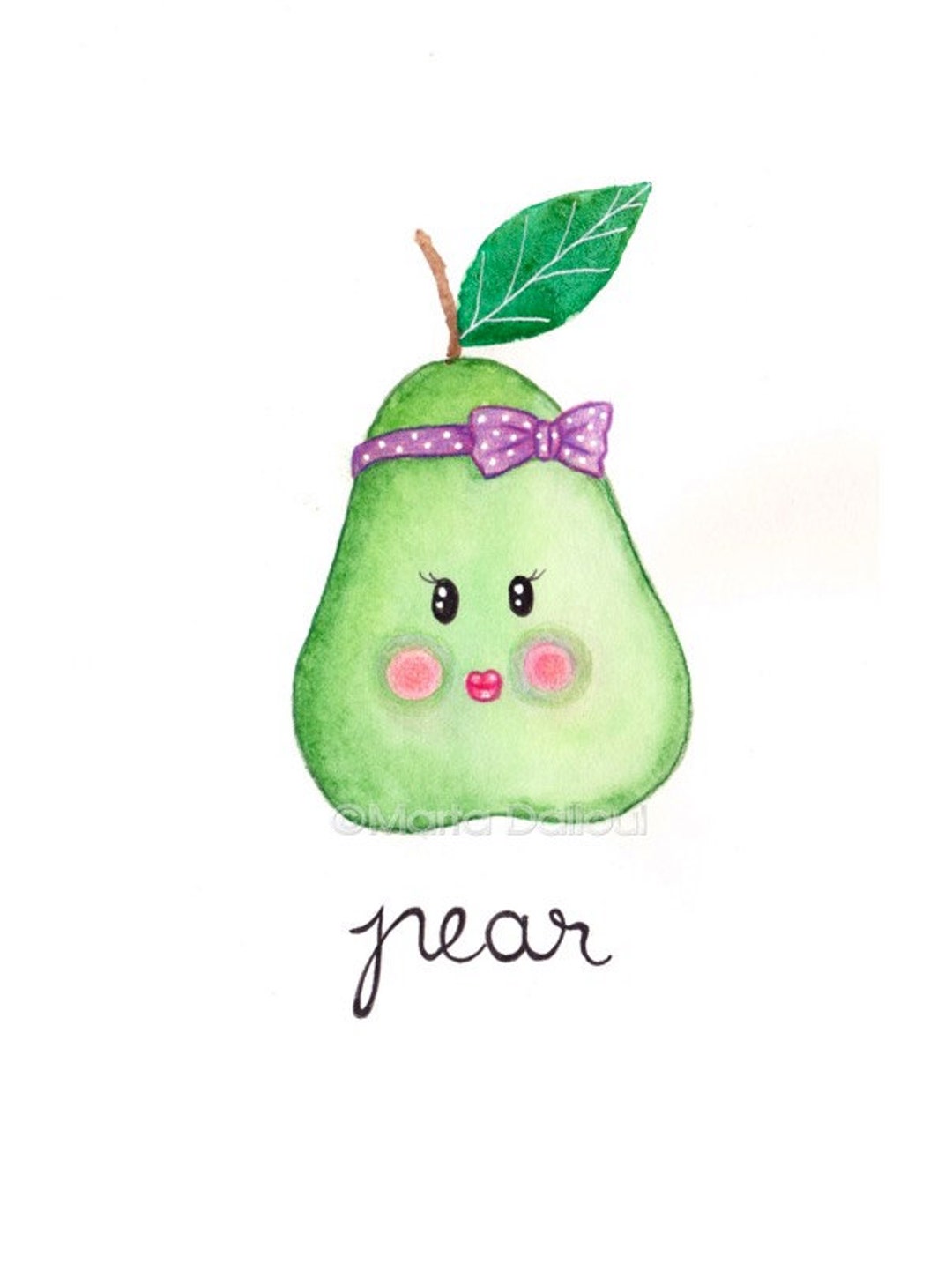 Pear Art Print. Fruit Watercolor Painting. Cute Pear Illustration. Whimsical Fruit Nursery Art
