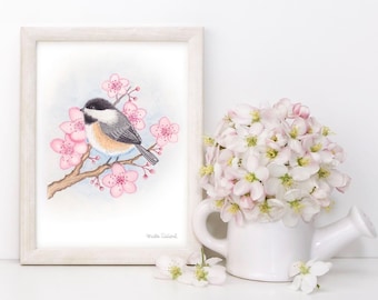 Bird art print, gift for mom her, girls children room art decor, chickadee bird watercolor painting illustration, whimsical bird lover gift.