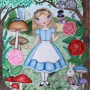 Alice in Wonderland art print. Girls room art decor. Whimsical Alice watercolor painting. Fairy tale. Cheshire cat art. Alice illustration