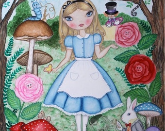 Alice in Wonderland art print. Girls room art decor. Whimsical Alice watercolor painting. Fairy tale. Cheshire cat art. Alice illustration