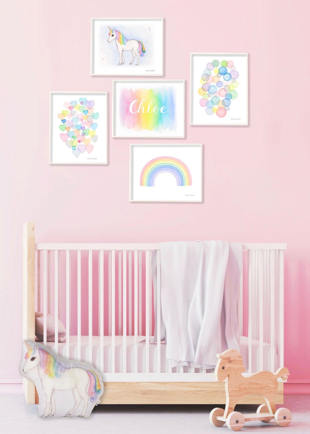 Buy Girl Nursery Art Pastel Rainbow Personalized Girl Wall  Unicorn Hearts Watercolor Girl Room Custom Name Art