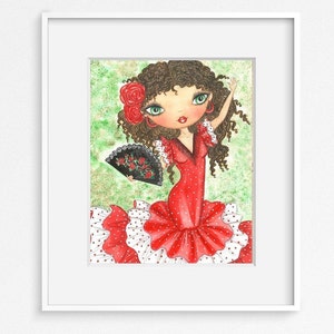Flamenco Dancer Art print. Spanish girl whimsical watercolor painting. Spain cute doll illustration. Flamenco lover gift. Flamenco wall art.