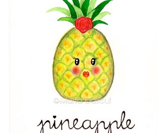 Pineapple fruit art print. Tropical nursery art decor. Pineapple watercolor painting. Cute pineapple illustration Whimsical kitchen food art