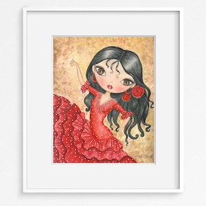 Flamenco Dancer Art print. Spanish girl whimsical painting. Spain flamenco doll watercolor art. Red dress illustration. Flamenco lover gift.
