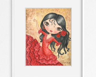 Flamenco Dancer Art print. Spanish girl whimsical painting. Spain flamenco doll watercolor art. Red dress illustration. Flamenco lover gift.