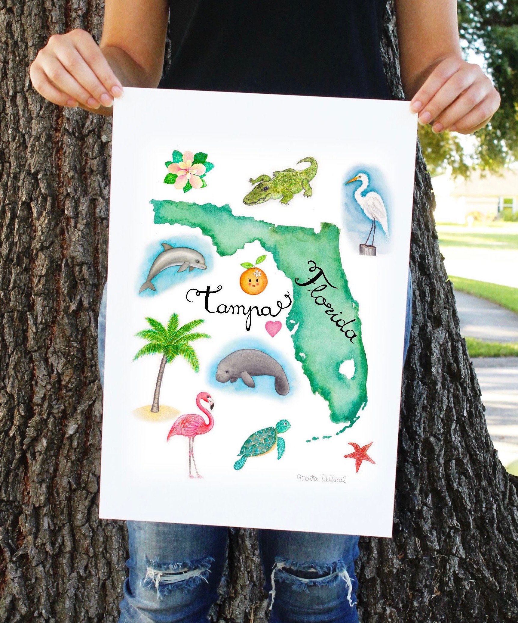 Florida art print Florida map print tropical watercolor Etsy