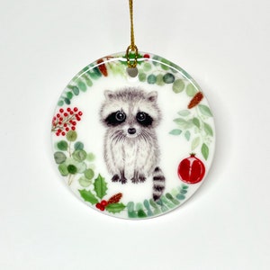 Raccoon woodland animal ceramic ornament, Christmas tree decoration, Gift for her, gift for mom. Holiday decor, Present for nana, woman.