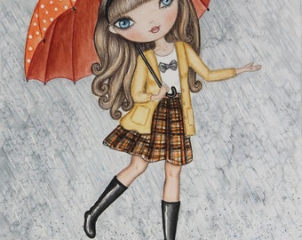 Girl umbrella art. Cute rain art. Watercolor art print. Big eye girl doll illustration. Whimsical girl rain painting. Girls room art decor.