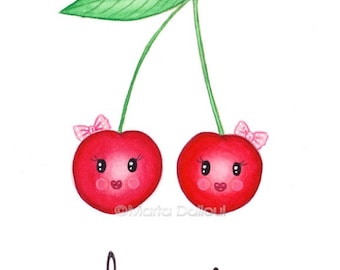 Cherry fruit art print. Cherry watercolor painting. Cute cherries illustration. Whimsical fruit nursery art. Kitchen fruit food wall art.